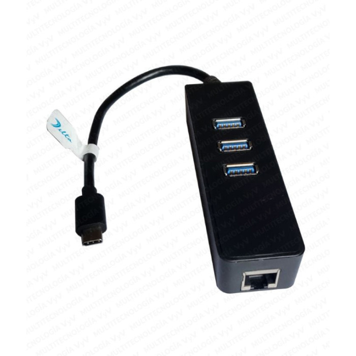 VC-HUB USB TIPO C A 3 PTO USB 3.0 + 1 PTO RJ45 TAMAÑO 17CM