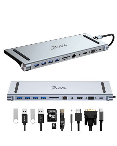 VC-HUB USB TIPO C MOD. BYL-2003 11 PUERTOS HDMI+ USB3.0+USB2.0*3+RJ45+VGA+ PD+AV+SD+TF