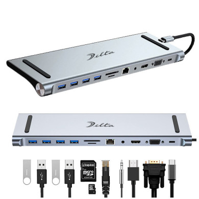 VC-HUB USB TIPO C MOD. BYL-2003 11 PUERTOS HDMI+ USB3.0+USB2.0*3+RJ45+VGA+ PD+AV+SD+TF