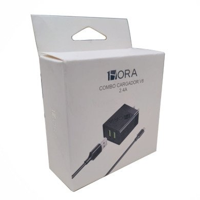 COMBO CARGADOR V8 2 TOMAS 2.4A CABLE LONG 1M NEGRO MOD. GAR160N 1 HORA