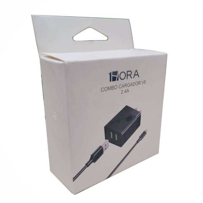 COMBO CARGADOR V8 2 TOMAS 2.4A CABLE LONG 1M NEGRO MOD. GAR160N 1 HORA