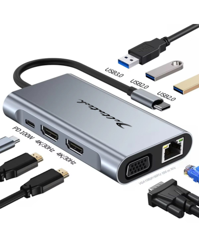 VC-HUB USB TIPO C MOD. 2311 8 PUERTOS (USB3.0*1+USB2.0*2+PD100W+VGA+RJ45-1000+HDMI*2)