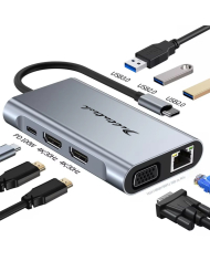 VC-HUB USB TIPO C MOD. 2311 8 PUERTOS (USB3.0*1+USB2.0*2+PD100W+VGA+RJ45-100M+HDMI*2)