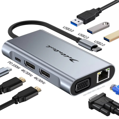 VC-HUB USB TIPO C MOD. 2311 8 PUERTOS (USB3.0*1+USB2.0*2+PD100W+VGA+RJ45-100M+HDMI*2)