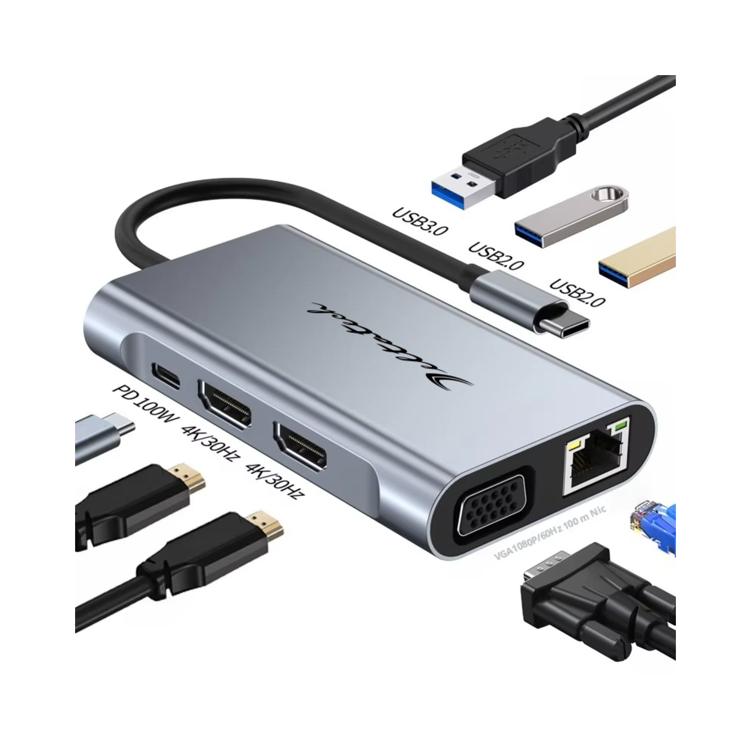 VC-HUB USB TIPO C MOD. 2311 8 PUERTOS (USB3.0*1+USB2.0*2+PD100W+VGA+RJ45-100M+HDMI*2)