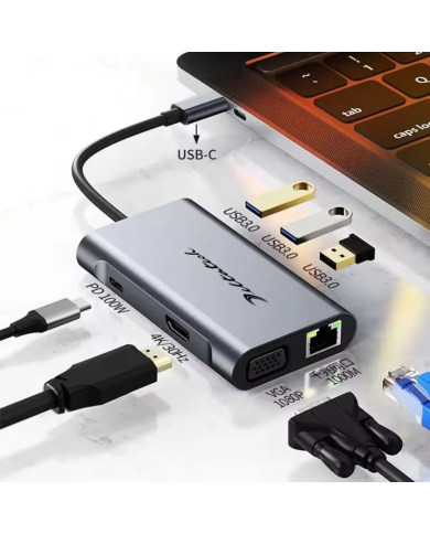 VC-HUB USB TIPO C MOD. 2111U3 7 PUERTOS (USB3.0*3+PD100W+VGA+RJ45-1000+HDMI)