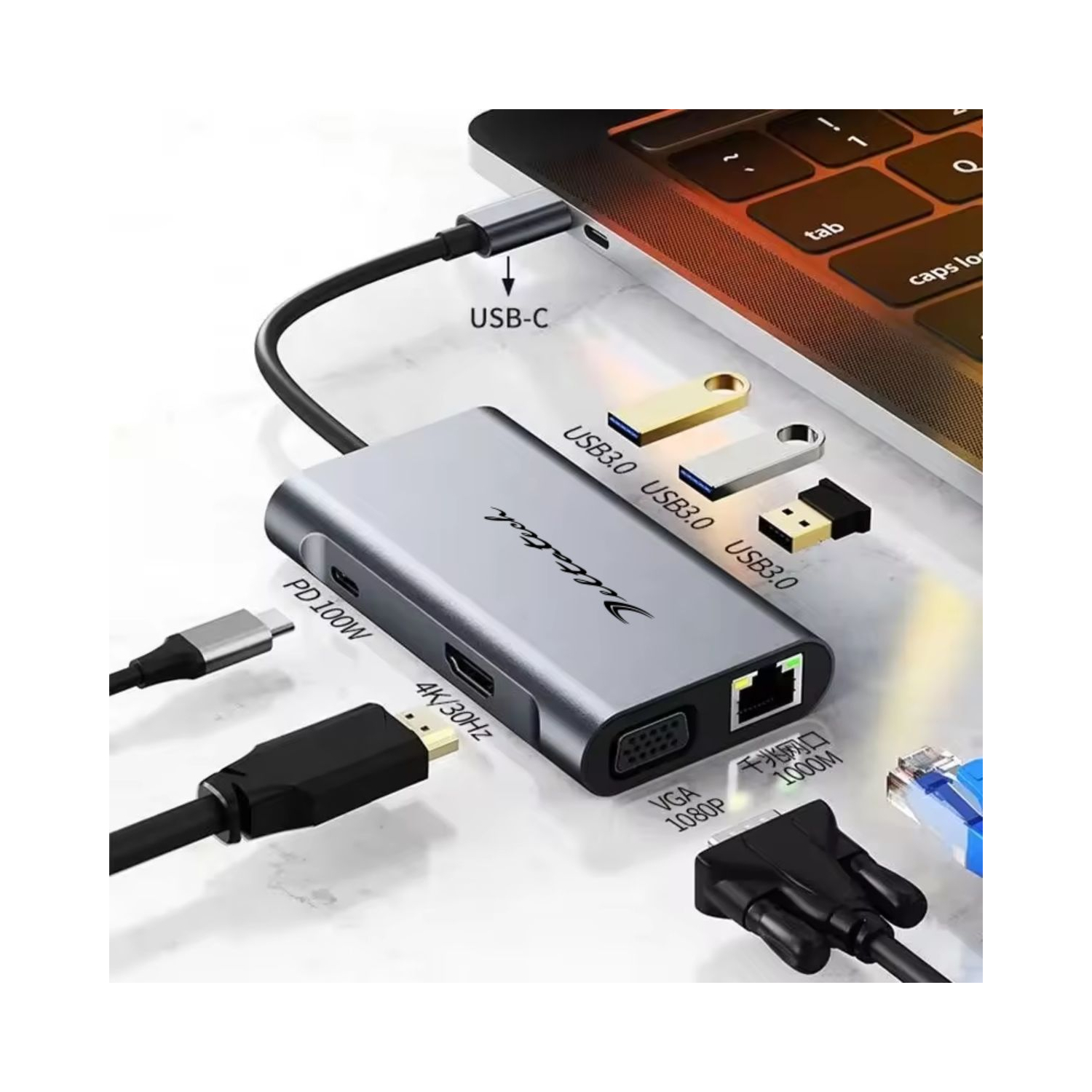VC-HUB USB TIPO C MOD. 2111U3 7 PUERTOS (USB3.0*3+PD100W+VGA+RJ45-1000+HDMI)
