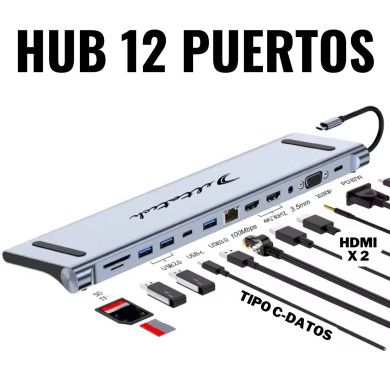 VC-HUB USB TIPO C MOD. 2003U2 12 PUERTOS (HDMI*2+USB3.0+USB2.0*2+TIPO C-DATA+RJ45-100+PD+3.5+SD+TF)