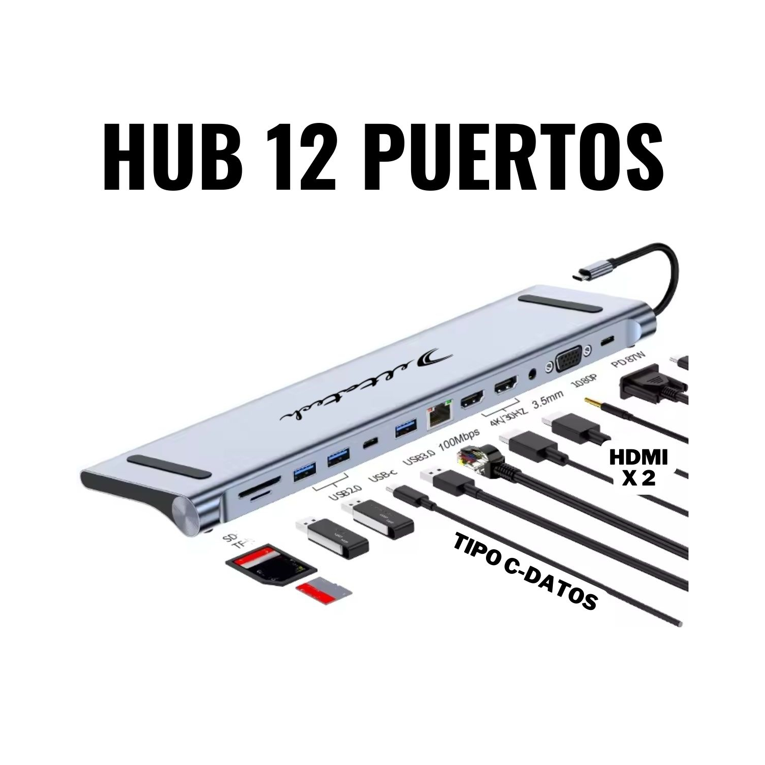 VC-HUB USB TIPO C MOD. 2003U2 12 PUERTOS (HDMI*2+USB3.0+USB2.0*2+TIPO C-DATA+RJ45-100+PD+3.5+SD+TF)