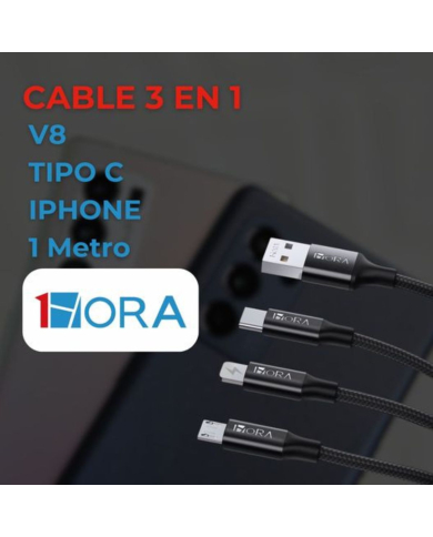 CABLE USB 2.0 3 EN 1 V8 / TIPO C / IPHONE 2.1A LONG 1M NEGRO MOD. CAB259 1 HORA