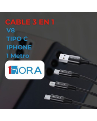 1H-CABLE USB 2.0 3 EN 1 V8 / TIPO C / IPHONE 2.1A LONG 1M NEGRO MOD. CAB259