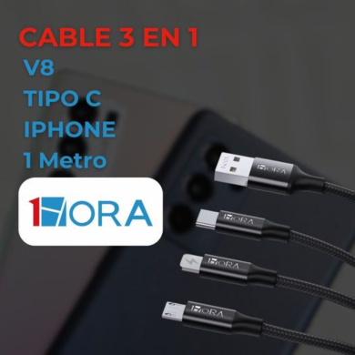 CABLE USB 2.0 3 EN 1 V8 / TIPO C / IPHONE 2.1A LONG 1M NEGRO MOD. CAB259 1 HORA