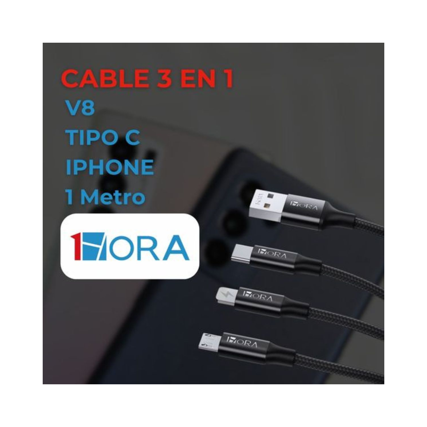 1H-CABLE USB 2.0 3 EN 1 V8 / TIPO C / IPHONE 2.1A LONG 1M NEGRO MOD. CAB259