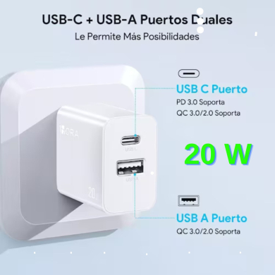 CUBO CARGA RAPIDA USB TIPO A+C PD 20W BLANCO MOD. GAR161B 1 HORA