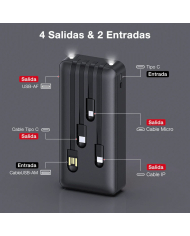 1H-BANCO DE CARGA 20000 mAh CUATRO CABLES USB / V8 / TIPO C / IPHONE MOD. GAR159