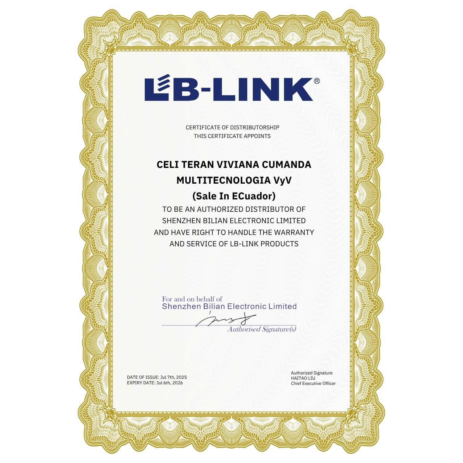 CERTIFICADO DISTRIBUIDOR LB LINK