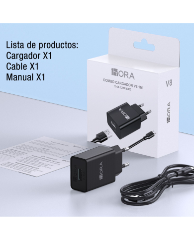 COMBO CARGADOR V8 2.4A CABLE USB MOD. GAR124 1 HORA