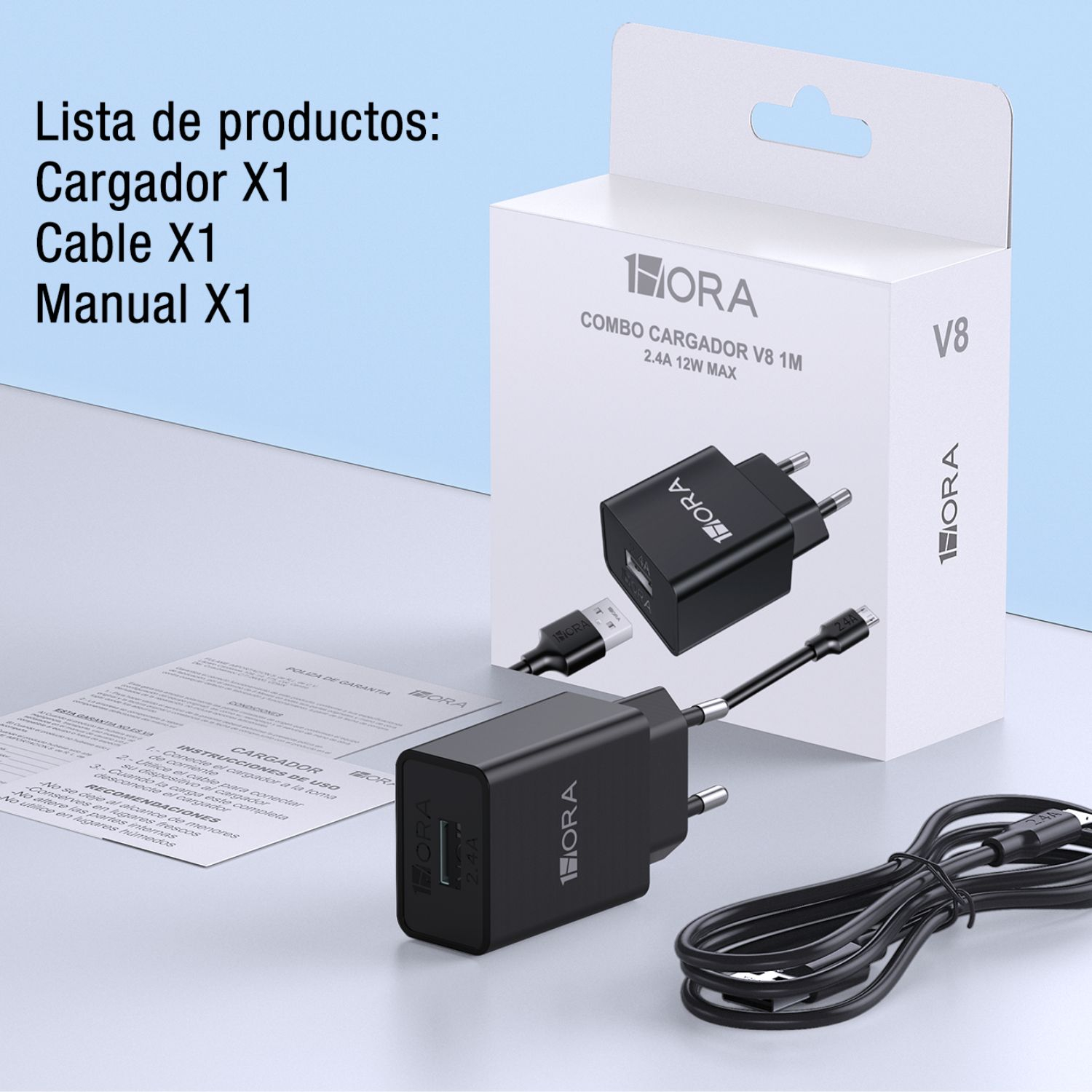 COMBO CARGADOR V8 2.4A CABLE USB MOD. GAR124 1 HORA