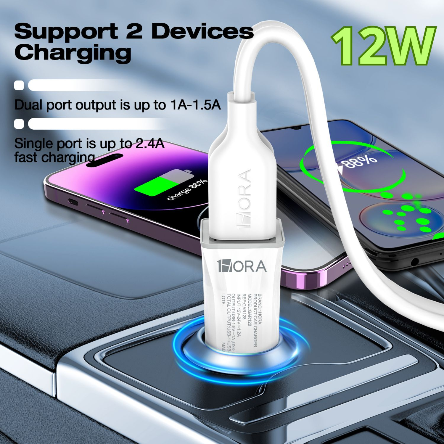 CARGADOR VEHICULAR 2.4A BLANCO MOD. GAR128B 1 HORA