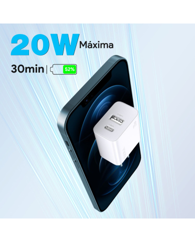 CUBO CARGA RAPIDA USB TIPO A+C PD 20W BLANCO MOD. GAR161B 1 HORA
