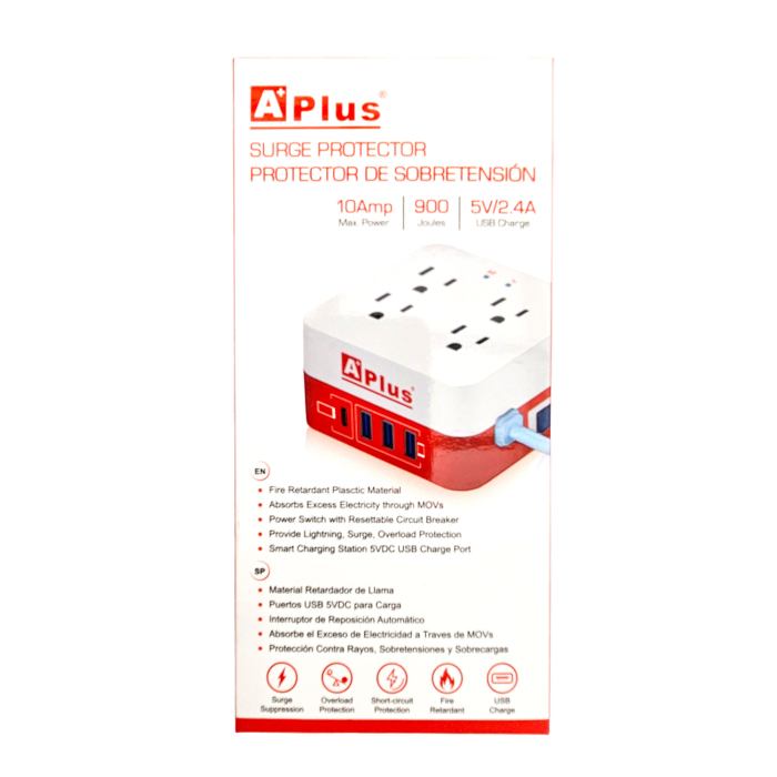 AP-ESTACION DE CARGA 4 PUERTOS 10A 900 JOULES + 3 PUERTOS USB A + PUERTO USB C 2.4A