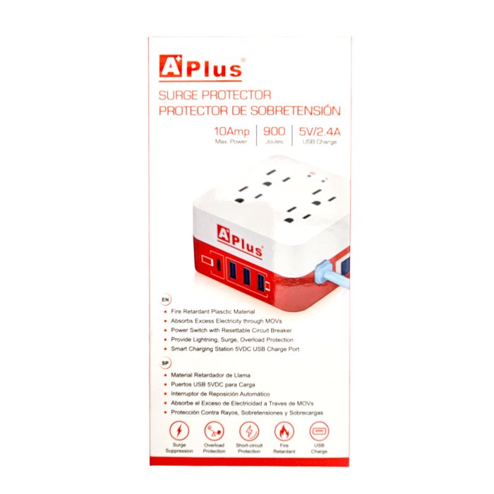 AP-REGLETA 4 PUERTOS 10A 900 JOULES + 3 PUERTOS USB A + PUERTO USB C 2.4A