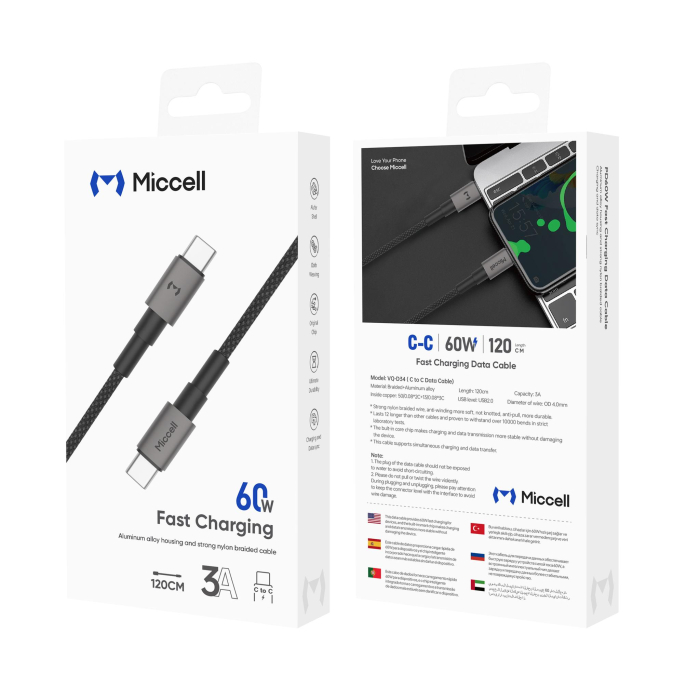 VQ-CABLE USB TIPO C A TIPO C 60W 3A L-1.2m