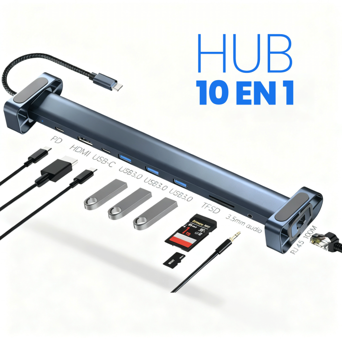 VC-HUB USB TIPO C MOD. 2212 10 PUERTOS (HDMI+USB3.0*3+RJ45-100+PD+SD+TF+AUDIO)
