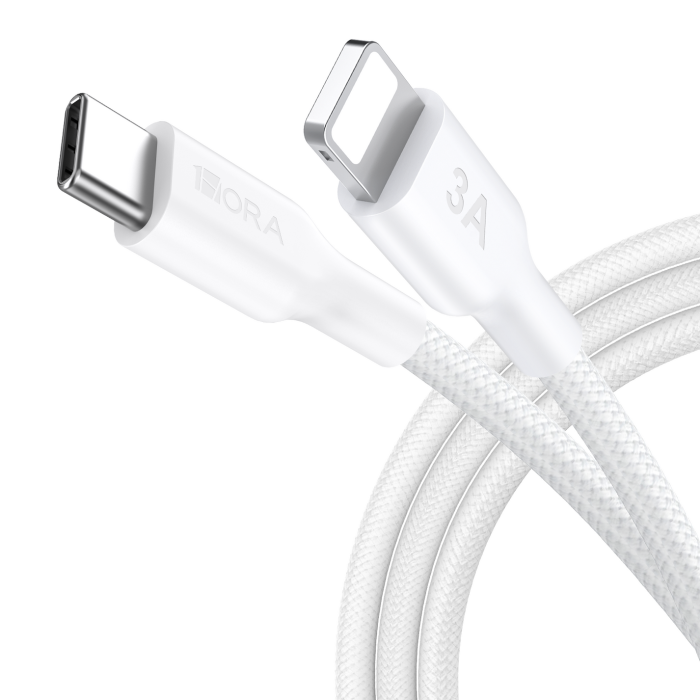 CABLE USB TIPO C a LIGHTNING 3A BLANCO ENMALLADO 1M 1HORA
