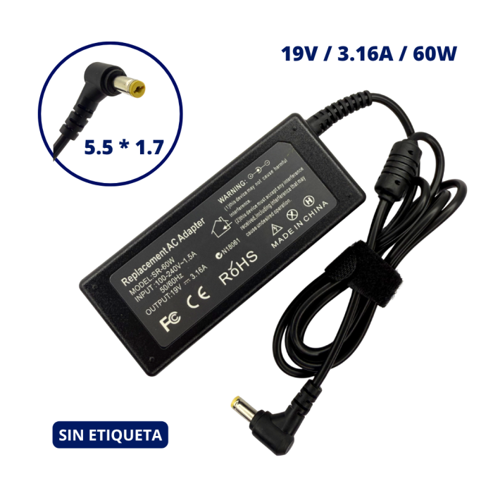 CARGADOR PARA ACER 19V 3.16A PLUG 5.5x1.7