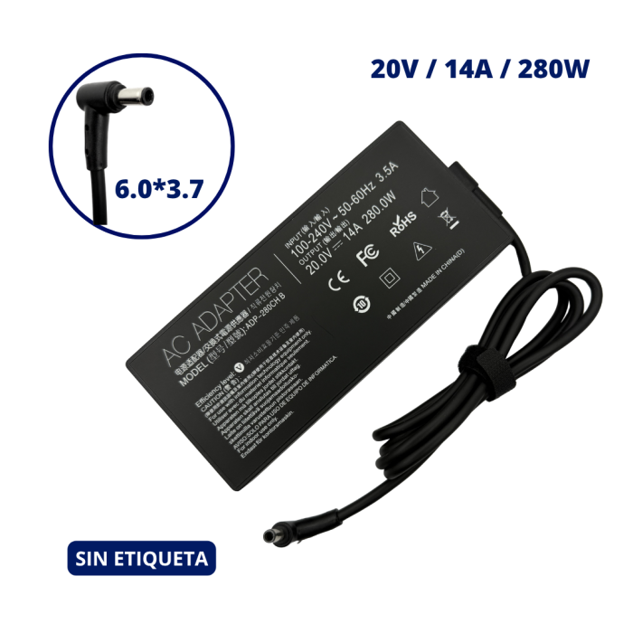 CARGADOR PARA ASUS 20V 14A PLUG 6.0x3.7