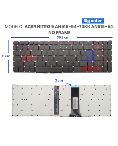 VC-TECLADO PARA ACER NITRO 5 AN515-54-70KK AN515-54 NO FRAME BIG ENTER ROJO RETROILUMINADO