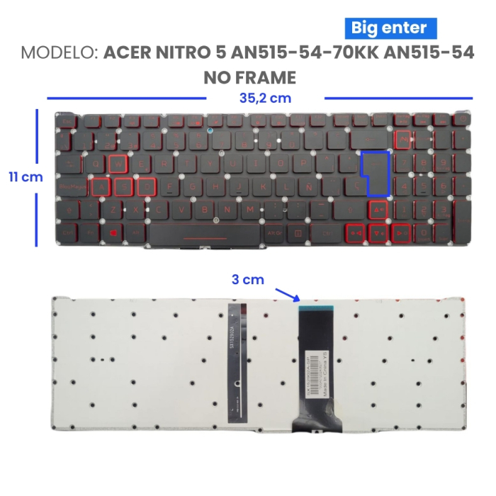 VC-TECLADO PARA ACER NITRO 5 AN515-54-70KK AN515-54 NO FRAME BIG ENTER ROJO RETROILUMINADO