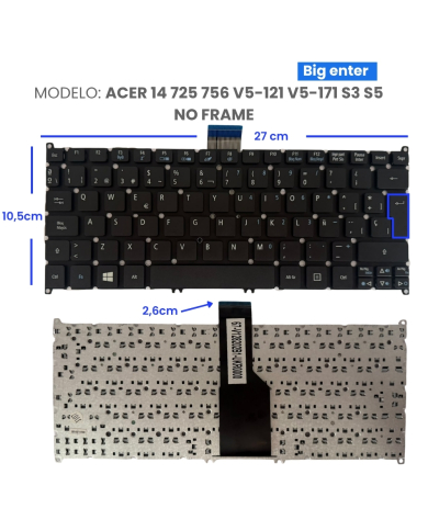 VC-TECLADO PARA ACER 14 725 756 V5-121 V5-171 S3 S5 NO FRAME