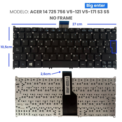 VC-TECLADO PARA ACER 14 725 756 V5-121 V5-171 S3 S5 NO FRAME
