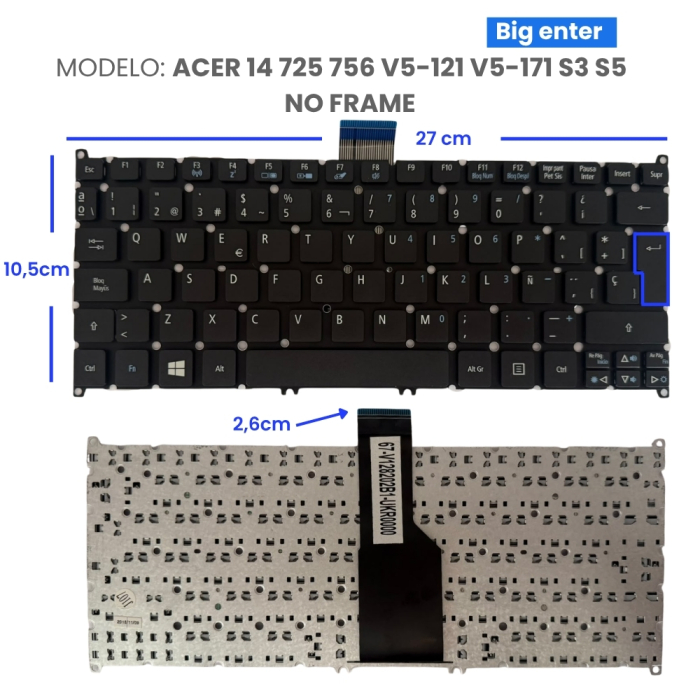 VC-TECLADO PARA ACER 14 725 756 V5-121 V5-171 S3 S5 NO FRAME
