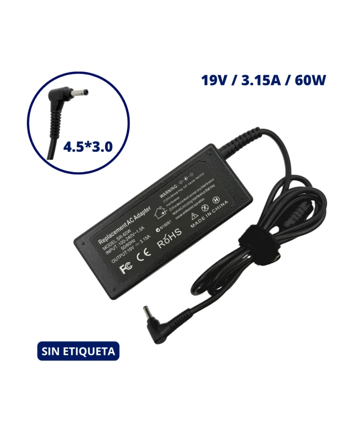 CARGADOR PARA GATEWAY 19V 3.15A PLUG 3.5x1.35